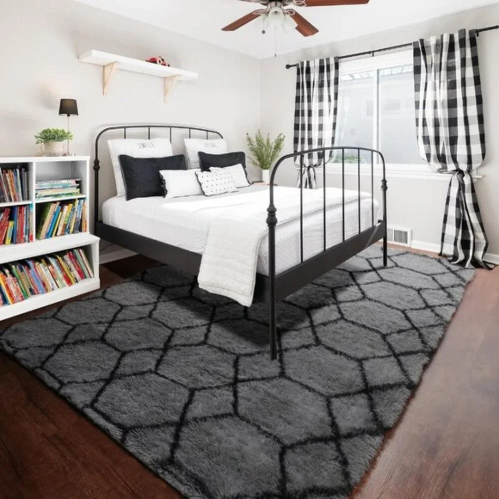 6x9 Area Rug, Washable Fluffy Grey Black Geometric Shag Carpet for Home Decor